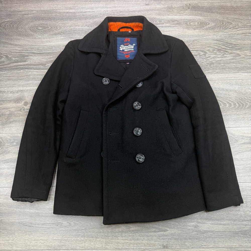 Superdry Japan Navy Rookie Peacoat Mens Small Black Wool Blend Double Breasted**